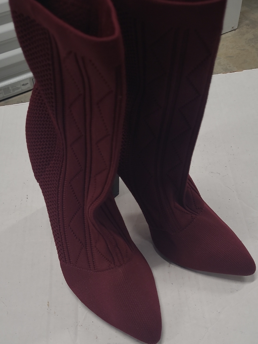 Catherine Pointed Toe Stretch Knit Mid-Calf Boots in Burgundy